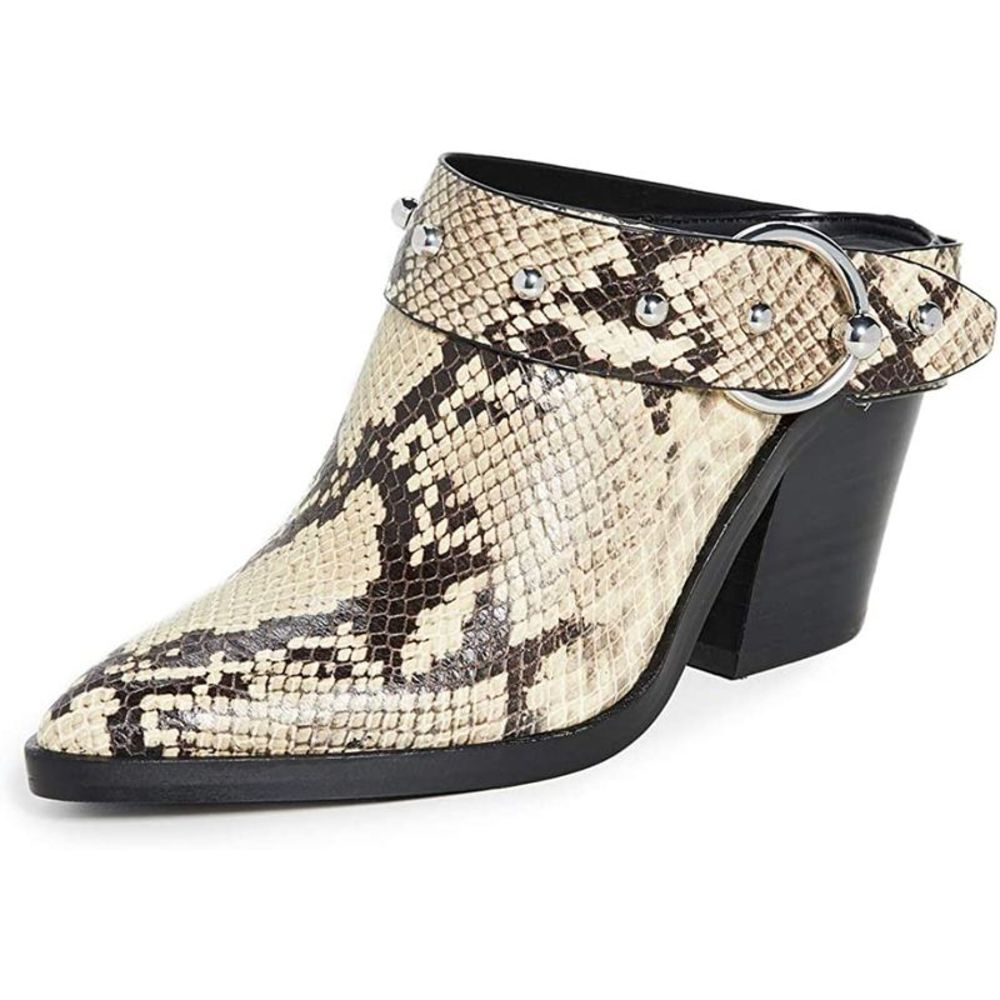 Rebecca Minkoff Women's Sallest Too Block Heel Mules, Butter Exotic, Print, Tan,